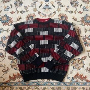 Vintage Geometric Patterned Crew Neck Sweater - Black, Red, White